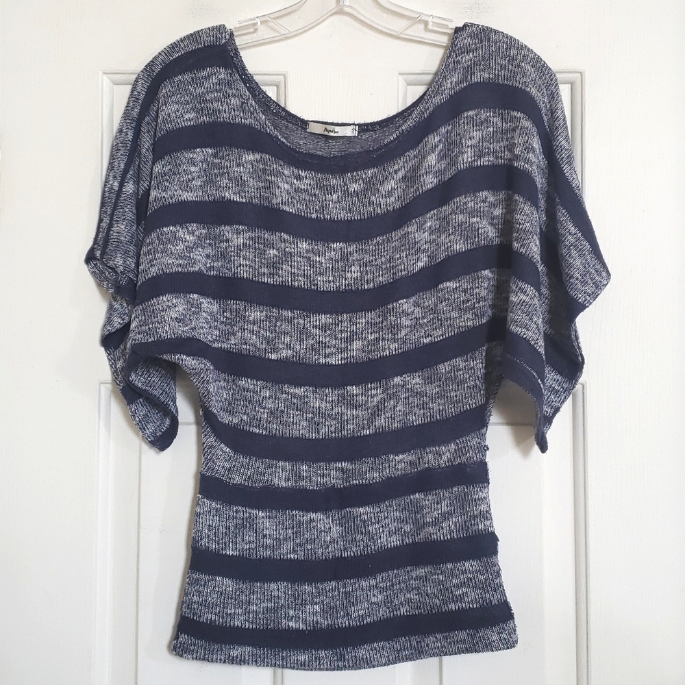 Vintage 90s Papaya Striped Knit Top Angel Sleeve Small Navy Space Dye Y2K - Picture 3 of 7